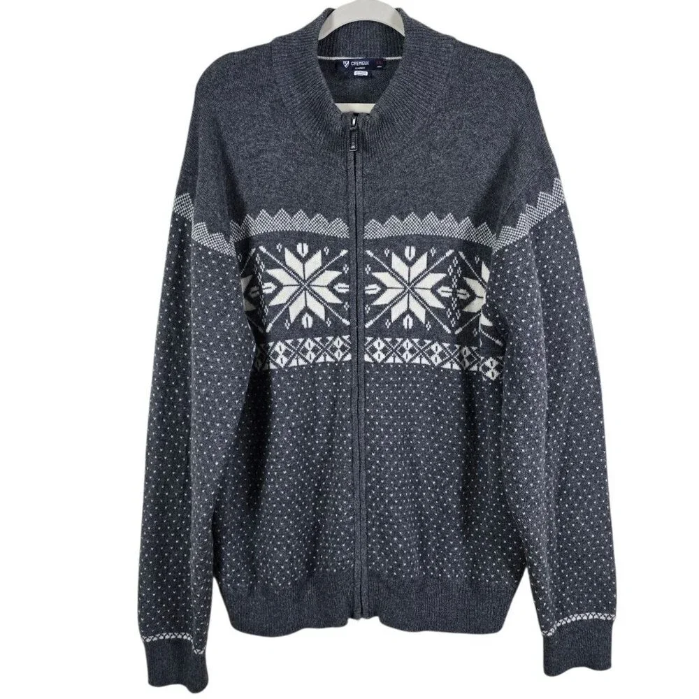 Cremieux Mens Gray Lambswool Nordic Fair Isle Full Zip Cardigan Sweater XXL